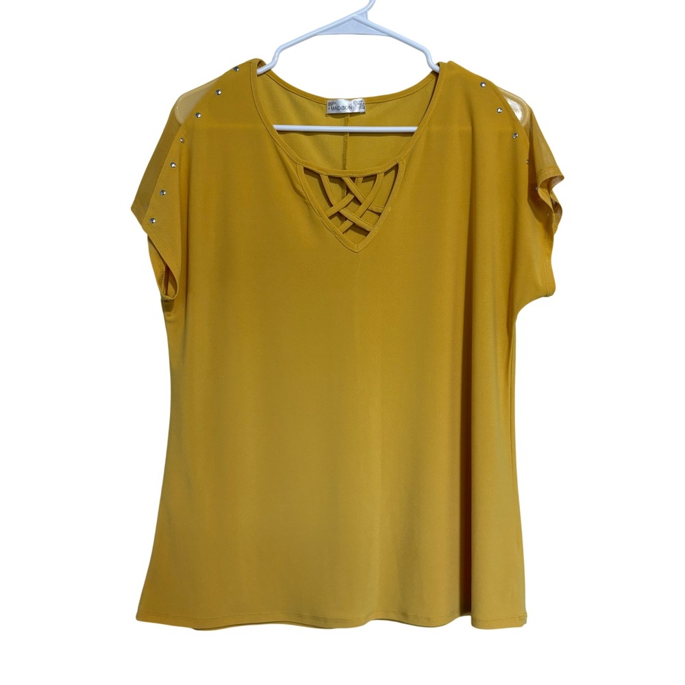 89th + Madison Womens Mustard Yellow Lattice Neck Studded Mesh Blouse Large